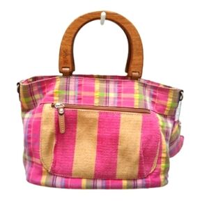 Relic bono fabric W/ wooden handle bag Striped Pink and Yellow Fabric